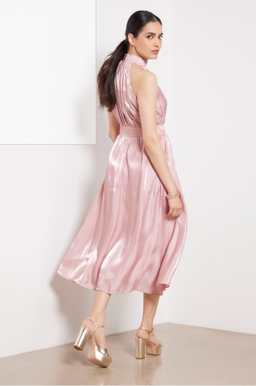 O.P.T NWT Evereve Caralyn Pink Halter Satin Midi Mock Neck Dress // S